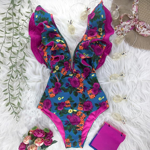 2021 New Sexy Ruffle Print Floral One Piece Swimsuit Off The Shoulder Swimwear Women Solid Deep-V Beachwear Bathing Suit Monkini