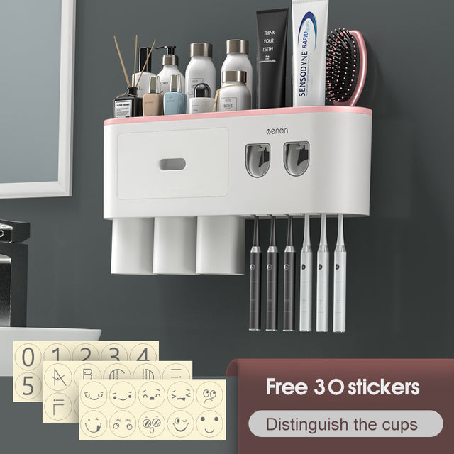 Wandmontierter Zahnbürstenhalter mit 2 Zahnpastaspendern Stanzfreie Badezimmeraufbewahrung für wasserdichtes Badezimmerzubehör zu Hause