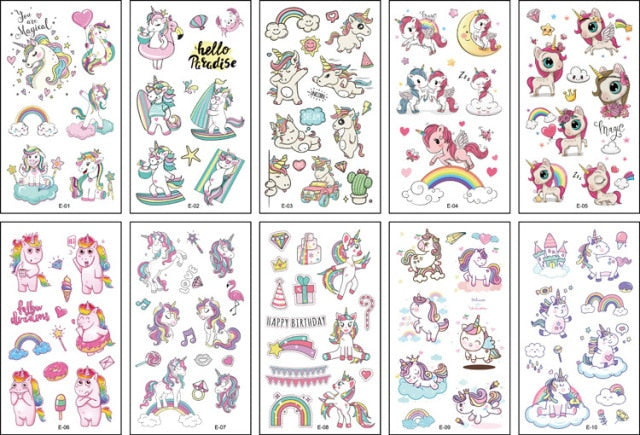 10 hojas/juego de pegatinas de tatuaje temporal de unicornio de dibujos animados para niños, pegatinas de maquillaje corporal para Baby Shower, tatuajes de fútbol