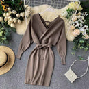 YuooMuoo Autumn Winter Women Knitted Sweater Dress 2021 New Korean Long Batwing Sleeve V Neck Elegant Dress Ladies Bandage Dress