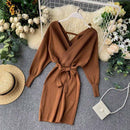 YuooMuoo Autumn Winter Women Knitted Sweater Dress 2021 New Korean Long Batwing Sleeve V Neck Elegant Dress Ladies Bandage Dress