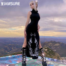 IAMSURE Dark Split Side Summer Dress Gothic Sexy Slim Turtleneck Sleeeveless Long Dresses For Women 2021 Party Night Club Wear