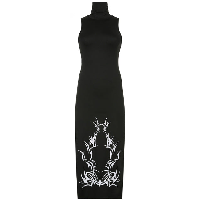 IAMSURE Dark Split Side Summer Dress Gothic Sexy Slim Turtleneck Sleeeveless Long Dresses For Women 2021 Party Night Club Wear