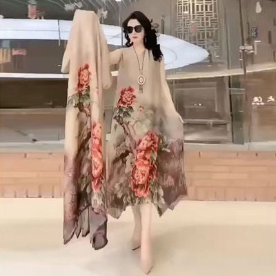 Seidenkleid Zweiteilige Damen Elegant Blumen Plus Size Kleid Lässig Strand Vintage Langes Kleid Mutterkleid 2021 Sommer Neue Mode