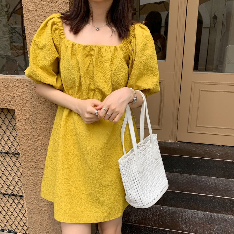 CMAZ 2021 Summer Casual Square Collar Puff Sleeve Mini Sweet Dress Woman Solid Color High Waist Loose Preppy Style Dresses 5942#