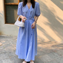 CMAZ 2021 Summer Women Plaid Dress  V-Neck Puff Sleeve Ankle Dresses Large Swing Casual Loose Female Vestido Sundress 2022#