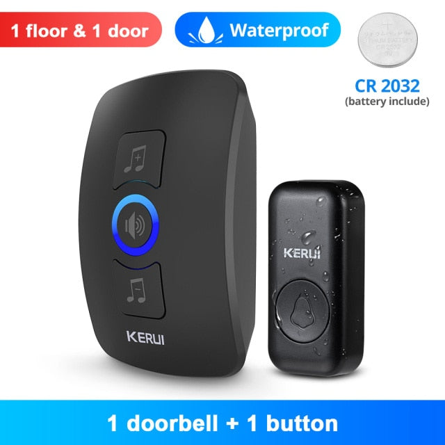 Timbre inalámbrico KERUI M525 a prueba de agua, kit de timbre de bienvenida de seguridad para el hogar inteligente, timbre de puerta, alarma, luz LED, batería de botón para exteriores