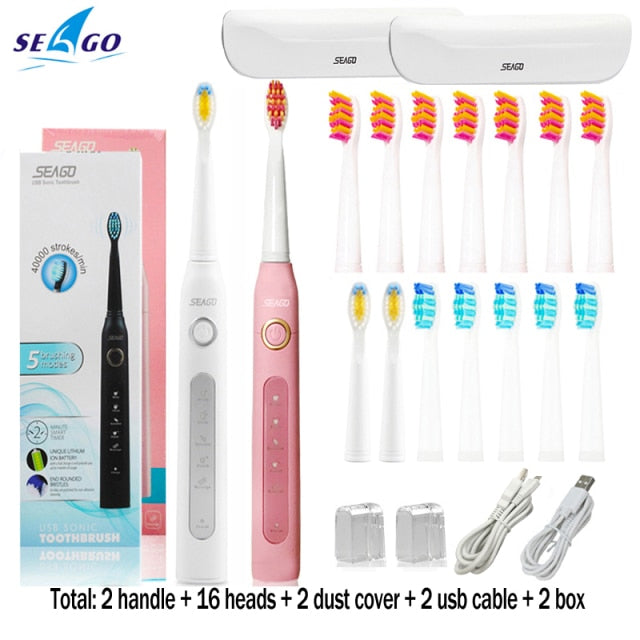 Seago Sonic cepillo de dientes eléctrico SG-507 cepillo de temporizador para adultos 5 modos cargador USB cepillos de dientes recargables juego de cabezales de repuesto