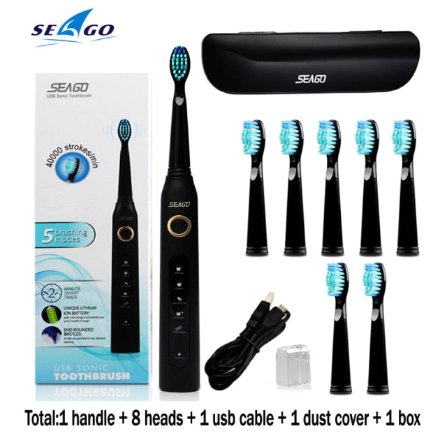 Seago Sonic Electric Toothbrush SG-507 Adult Timer Brush 5 Modes USB Charger Rechargeable Tooth Brushes Replacement Heads Set