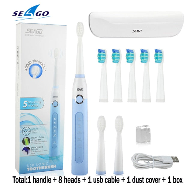 Seago Sonic Elektrische Zahnbürste SG-507 Erwachsene Timer-Bürste 5 Modi USB-Ladegerät Wiederaufladbare Zahnbürsten Ersatzköpfe Set