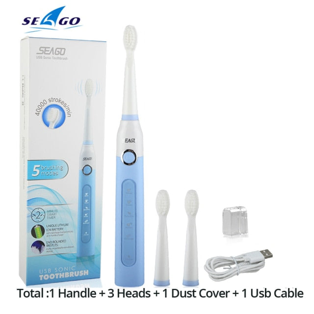 Seago Sonic cepillo de dientes eléctrico SG-507 cepillo de temporizador para adultos 5 modos cargador USB cepillos de dientes recargables juego de cabezales de repuesto