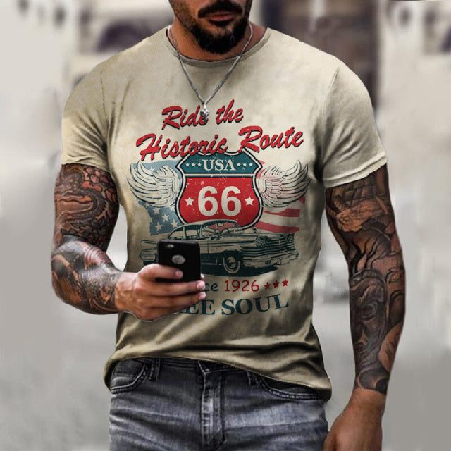 Novedad de verano, camisetas para hombre, ropa holgada de gran tamaño, camiseta Vintage de manga corta a la moda con letras impresas en la Ruta 66 de América, camiseta con cuello redondo