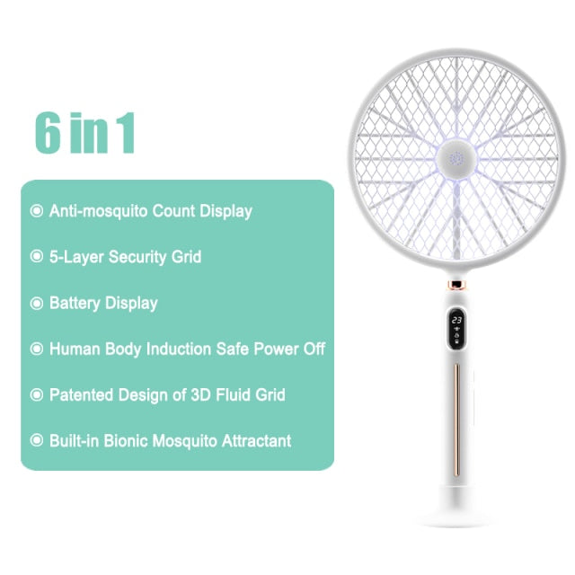 6 in 1 LED Display Smart Electric Mosquito Swatter 3000V Strong Voltage Insect Killer Human Body Induction No Radiation With Fan