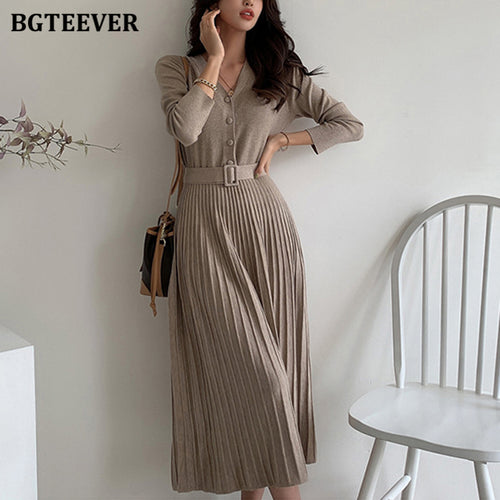 BGTEEVER Elegantes V-Ausschnitt Einreiher Frauen verdicken Pullover Kleid 2021 Herbst Winter Strickgürtel weibliche A-Linie weiche Kleider