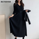 BGTEEVER Elegantes V-Ausschnitt Einreiher Frauen verdicken Pullover Kleid 2021 Herbst Winter Strickgürtel weibliche A-Linie weiche Kleider