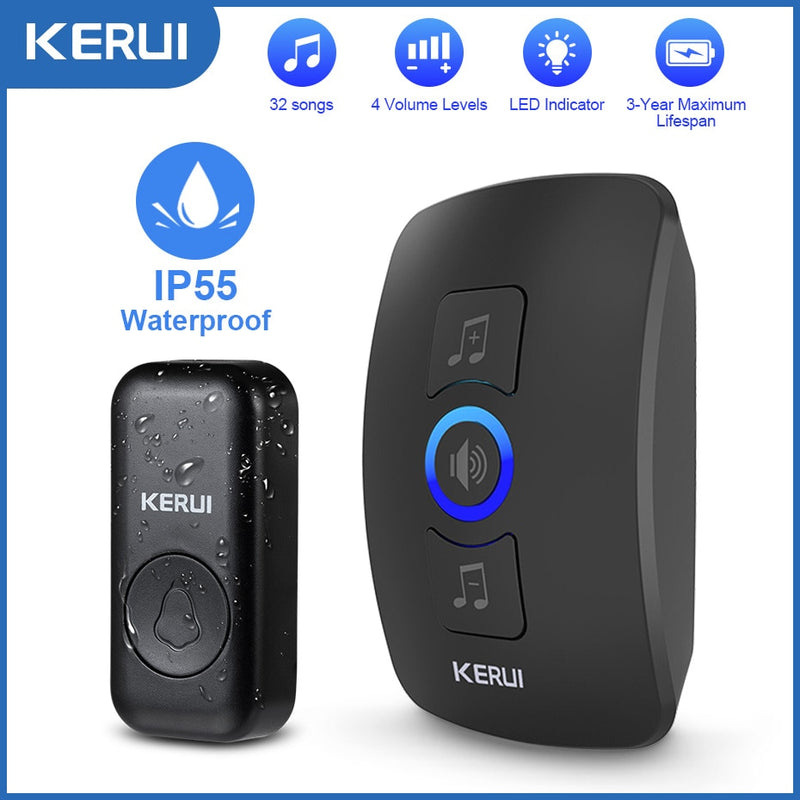 Timbre inalámbrico KERUI M525 a prueba de agua, kit de timbre de bienvenida de seguridad para el hogar inteligente, timbre de puerta, alarma, luz LED, batería de botón para exteriores