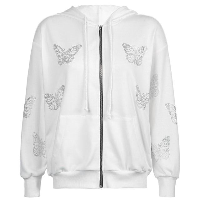 IAMSURE Schmetterlingsmuster Reißverschluss Lässige Lose 90er Hoodies Herbst y2k Mode Langarm Grau Oversize Sweatshirts Für Frauen