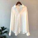 Women Vintage Fashion Button Up Satin Shirt Silk Korean Office Ladies Elegant Shirt Blouse White Long Sleeve Shirts Tops 11355