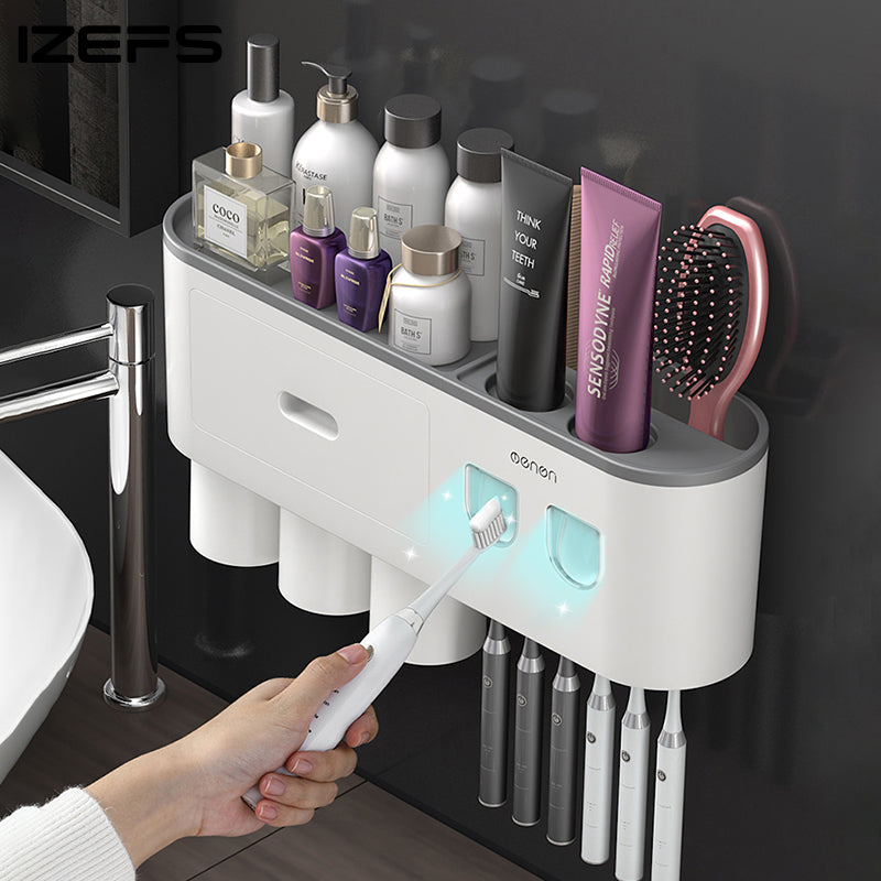 Soporte para cepillos de dientes montado en la pared con 2 dispensadores de pasta de dientes, almacenamiento de baño sin perforaciones para el hogar, accesorios de baño impermeables