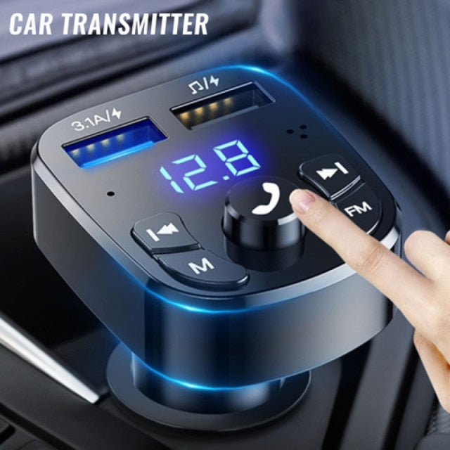 Kit de reproductor de coche con transmisor FM versión 5,0 compatible con Bluetooth, cargador rápido para coche con QC3.0, voltímetro USB Dual y entrada/salida auxiliar