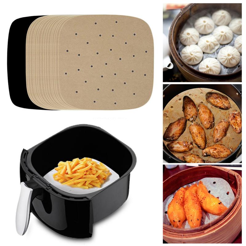 100pcs Air Fryer Liners Anti-stick Pad 6-9inch Bamboo Steamer Liners Premium PerforatedSilicon Paper Steaming Papers For Kitchen