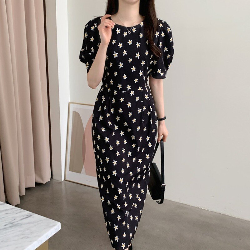 Korean Chic Summer Retro Puff Sleeve round Neck Floral Lace-up Mid-Length Waist Slimming Elegant Dress for Women