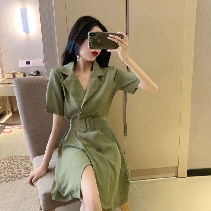 Fresh Internet Celebrity Same Fashion Elegant Suit Collar Double Breasted Lace up All-Match Cinched Slimming Short Sleeves Dress