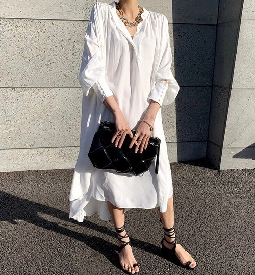 Koreanischer Chic, französische Minderheit, Frühling und Herbst, elegantes, lockeres, mittellanges, lässiges, langärmliges Hemdkleid