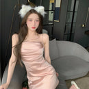 Hong Kong Style Sexy Hot Girl One-Word off-the-Shoulder Tube Top Sheath French Style Temperament Slim Satin Strap Dress for