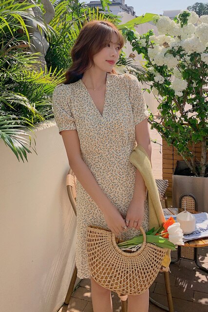 chiffon women dress floral printed summer short sleeve v-neck boho dresses 3042#