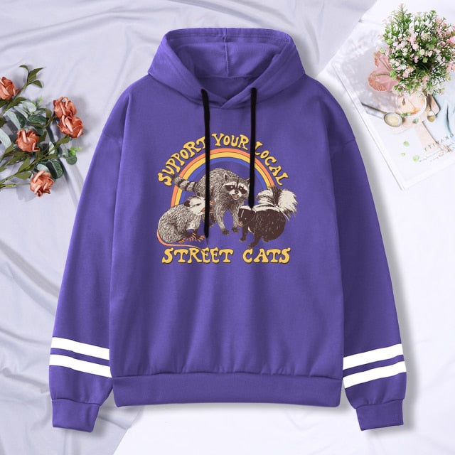 Support Your Local Street Cats Print Women Hoodie Cartoons Crewneck Clothes Vintage Loose Sweatshirt Street Hip Hop Hoody Womens