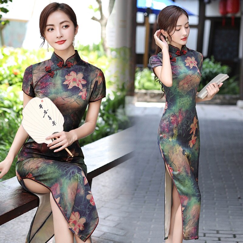 Sommer Lange Cheongsam Vintage Qipao Seide Mode Täglich Frauen Kleid Schlank Party Kostüm Kleider Lotus Landschaftsdruck