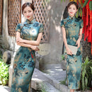 Summer Long Cheongsam Vintage Qipao Silk Fashion Daily Women Dress Slim Party Costume Dresses Lotus Landscape Print