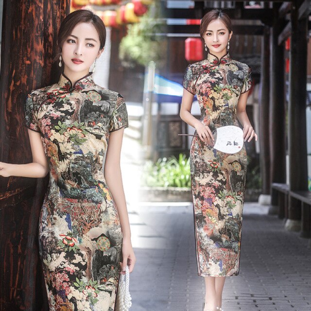 Summer Long Cheongsam Vintage Qipao Silk Fashion Daily Women Dress Slim Party Costume Dresses Lotus Landscape Print