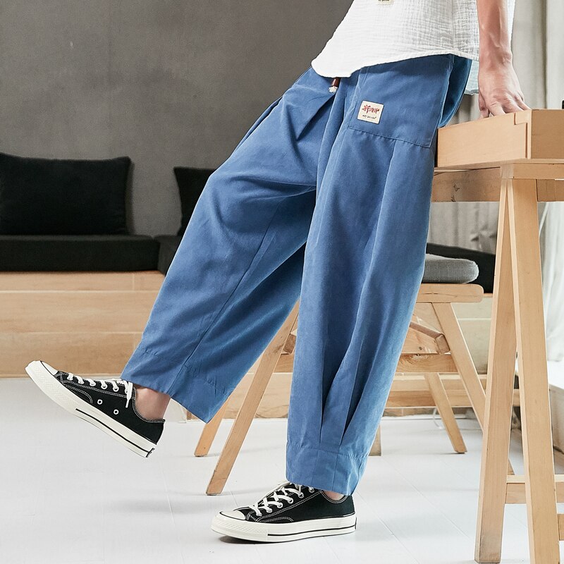 Pantalones rectos de farol de Color sólido para otoño e invierno, pantalones de estilo chino lavados para hombres, pantalones casuales sueltos, gran mejora de Hanfu
