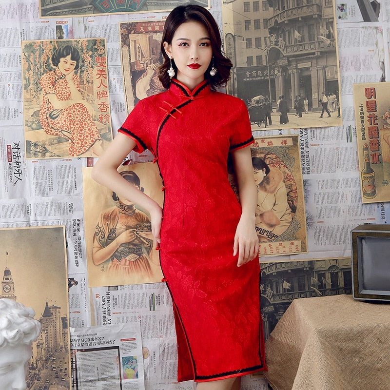 Traditionelles Qipao Chinesisches Cheongsam Herbst Spitzenkleid Handgemachter Knopf Elegante Vintage Frauen Lange Kleider Sexy Rot Grün Lila