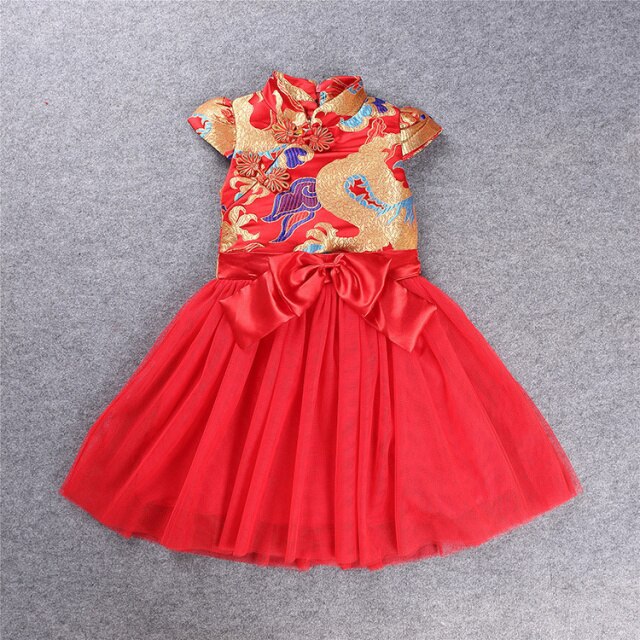 Vestidos con lazo para niñas pequeñas de Año Nuevo, vestido de estilo chino para niñas, Cheongsam rojo, vestido Formal con estampado de dragón Formal de 2 a 8 años