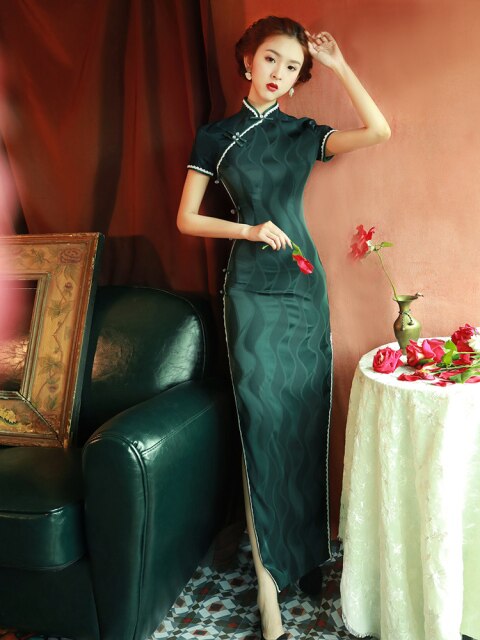 Oriental Dress Green Red Satin Cheongsam Plus Large Size Qipao Performance Cheongsams Traditional Qipao Dresses Chinese Dress