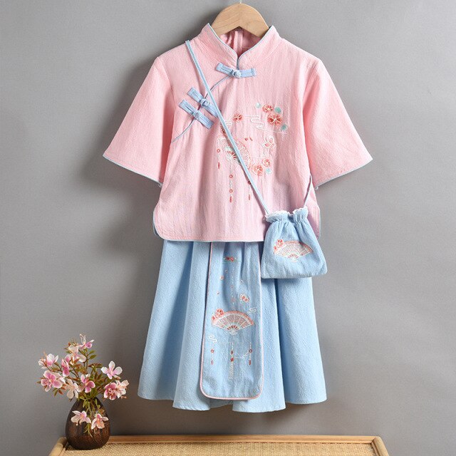 Conjuntos de ropa Retro para niñas, Cheongsam para bebés y niños, blusas bordadas, faldas, ropa de primavera para niños con monedero, blanco y rosa