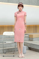 Chinese National Cheongsam Embroidery Cotton Dress Handmade Button Vintage Women Dresses Sexy Pink Qipao
