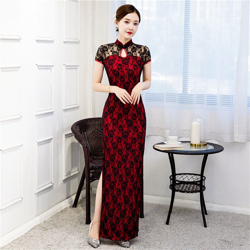 Trational Women Cheongsam Short-sleeve Vintage Long Dress Costumes Elegant Plus Size Dresses S To 5XL Black Red