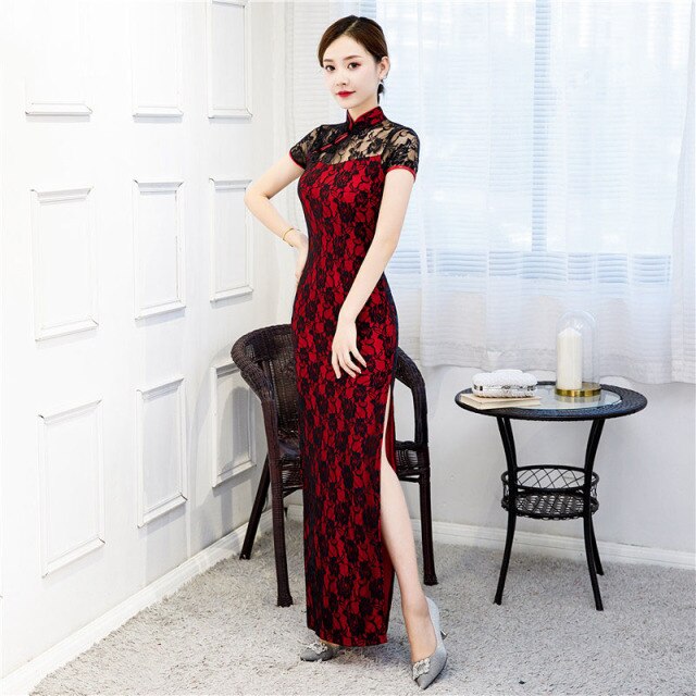 Trational Women Cheongsam Short-sleeve Vintage Long Dress Costumes Elegant Plus Size Dresses S To 5XL Black Red