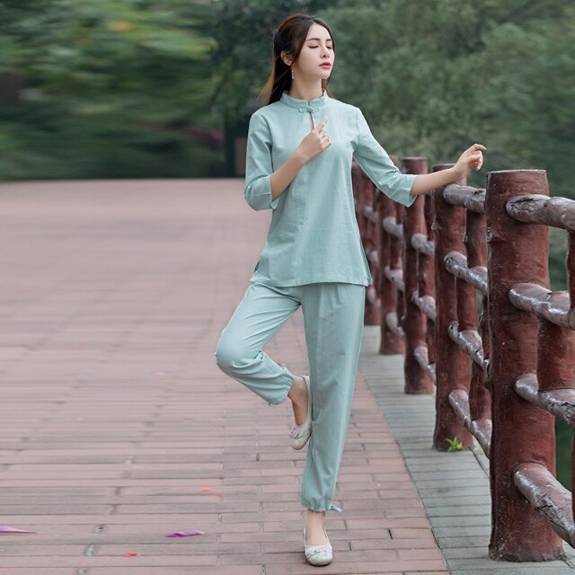 2021 estilo chino mañana ejercicio kung fu uniforme mujer yoga traje multicolor cuello mandarín color puro transpirable tang traje