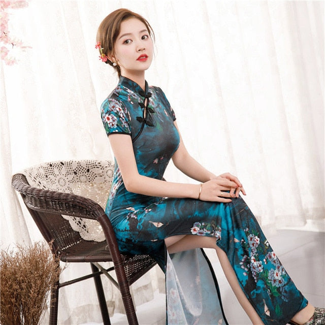 2021 Summer Long Cheongsam Sexy Thin Dress Floral Slim Vintage Plus Size Plaid Dresses Qipao S To 6XL Green Blue