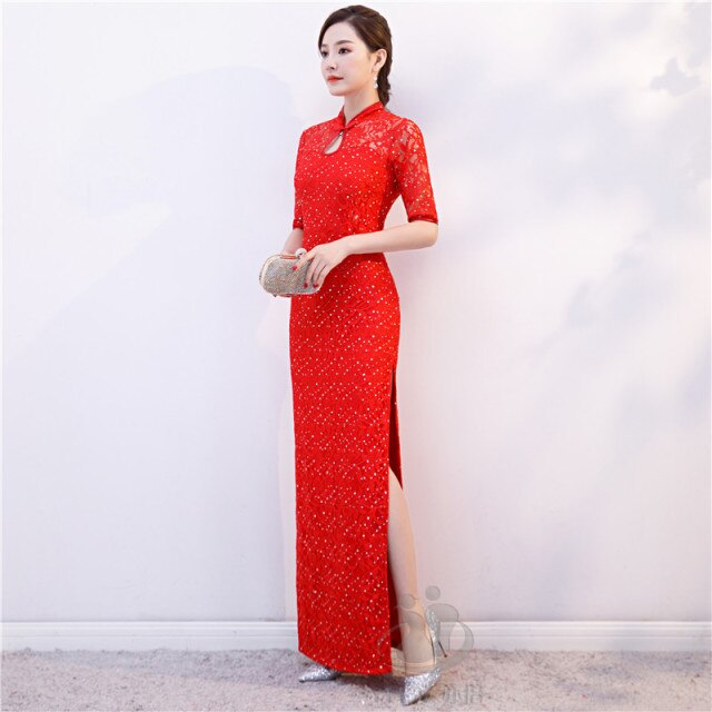 Vestido Cheongsam nuevo para mujer, traje de espectáculo de encaje con lentejuelas rojas, vestidos largos, vestido de boda ajustado Qipao de estilo chino, azul y negro