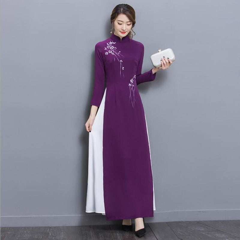 Estilo chino Stand Collar Costura Contraste Color Dobladillo Temperamento Qipao Mejorado Damas Literario Banquete Vestido elegante