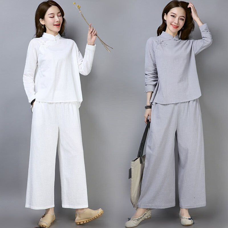 2021 chinese cotton and linen daily clothes mandarin collar top wide leg pants loose oriental  improved tang suit tea art suit