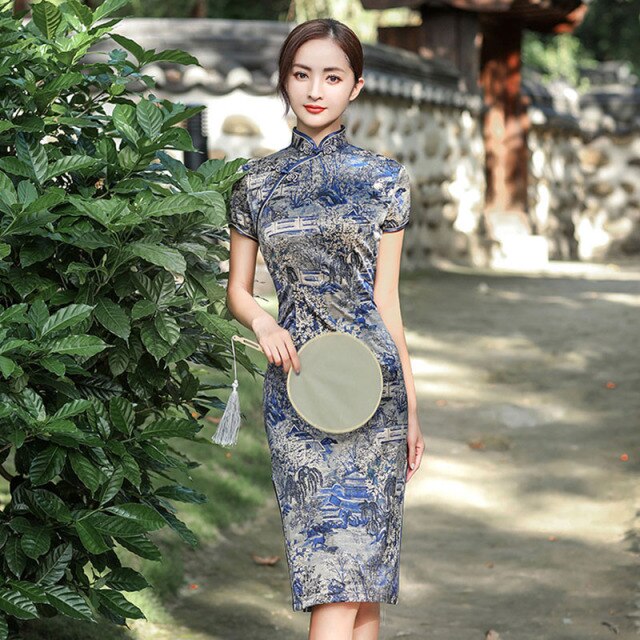 Cheongsam tradicional de verano para mujer, vestido Vintage de manga corta a la moda, vestidos ajustados de talla grande M a 5XL