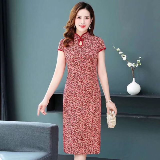 New Women Cheongsam Vintage Plus Size Dress Female Mid Long Dresses Costume Qipao for Mother XL To 5XL