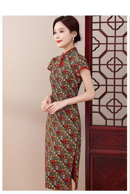 Neue Frauen Cheongsam Vintage Plus Size Kleid weibliche mittlere lange Kleider Kostüm Qipao für Mutter XL bis 5XL